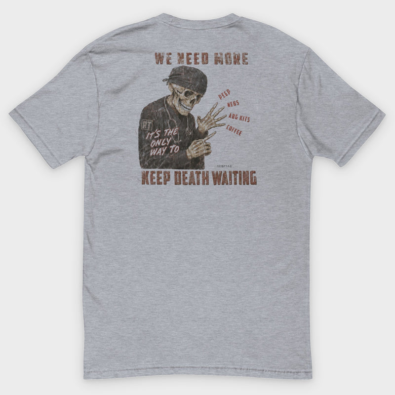 KEEP DEATH WAITING tee back print, studio background