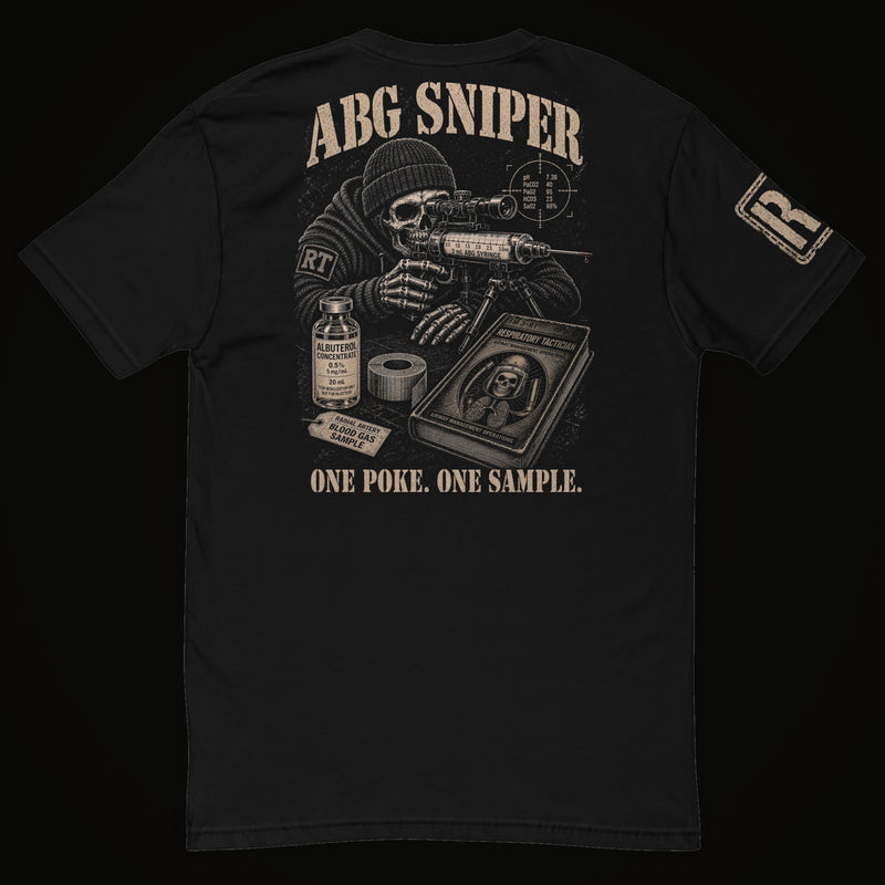 RESPTAC ABG SNIPER respiratory therapist t-shirt — black tee, back print with skull sniper and 3 mL ABG syringe, ONE POKE ONE SAMPLE