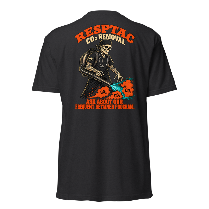 Back of black RESPTAC CO₂ Removal Tee with skeleton RT graphic and “Ask about our frequent retainer program” lettering.
