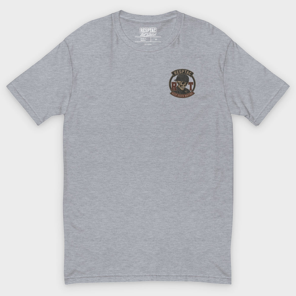 KEEP DEATH WAITING tee front, studio background