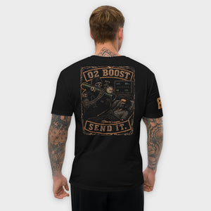 O2 BOOST tee back on model, studio background