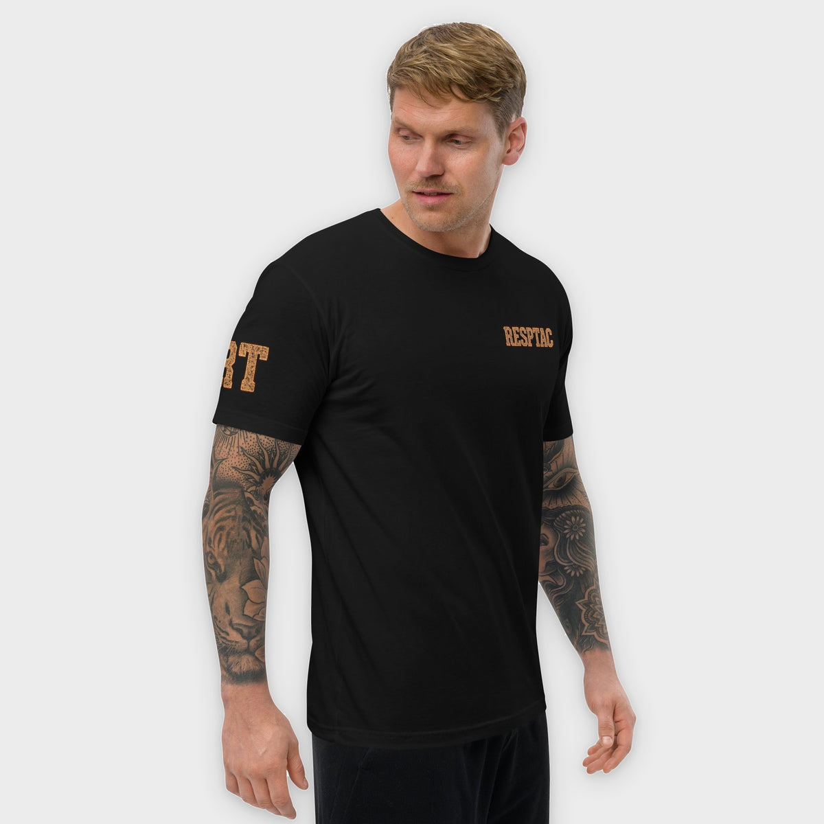 O2 BOOST tee right side on model, studio background