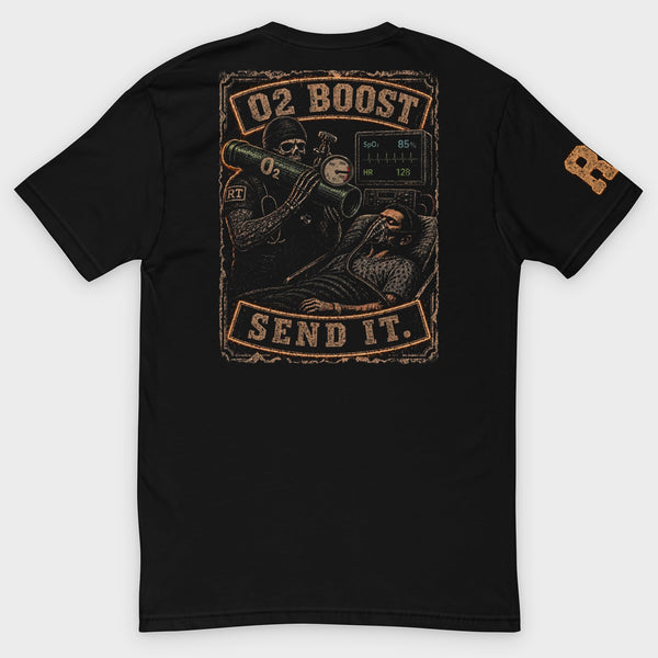 O2 BOOST tee back print, studio background