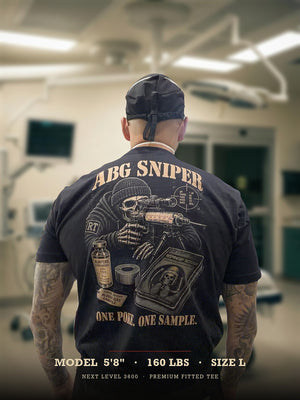 RESPTAC ABG SNIPER respiratory therapist t-shirt — fit reference: model 5'8" 160 lbs wearing size L, Next Level 3600 premium fitted tee, back print in ER