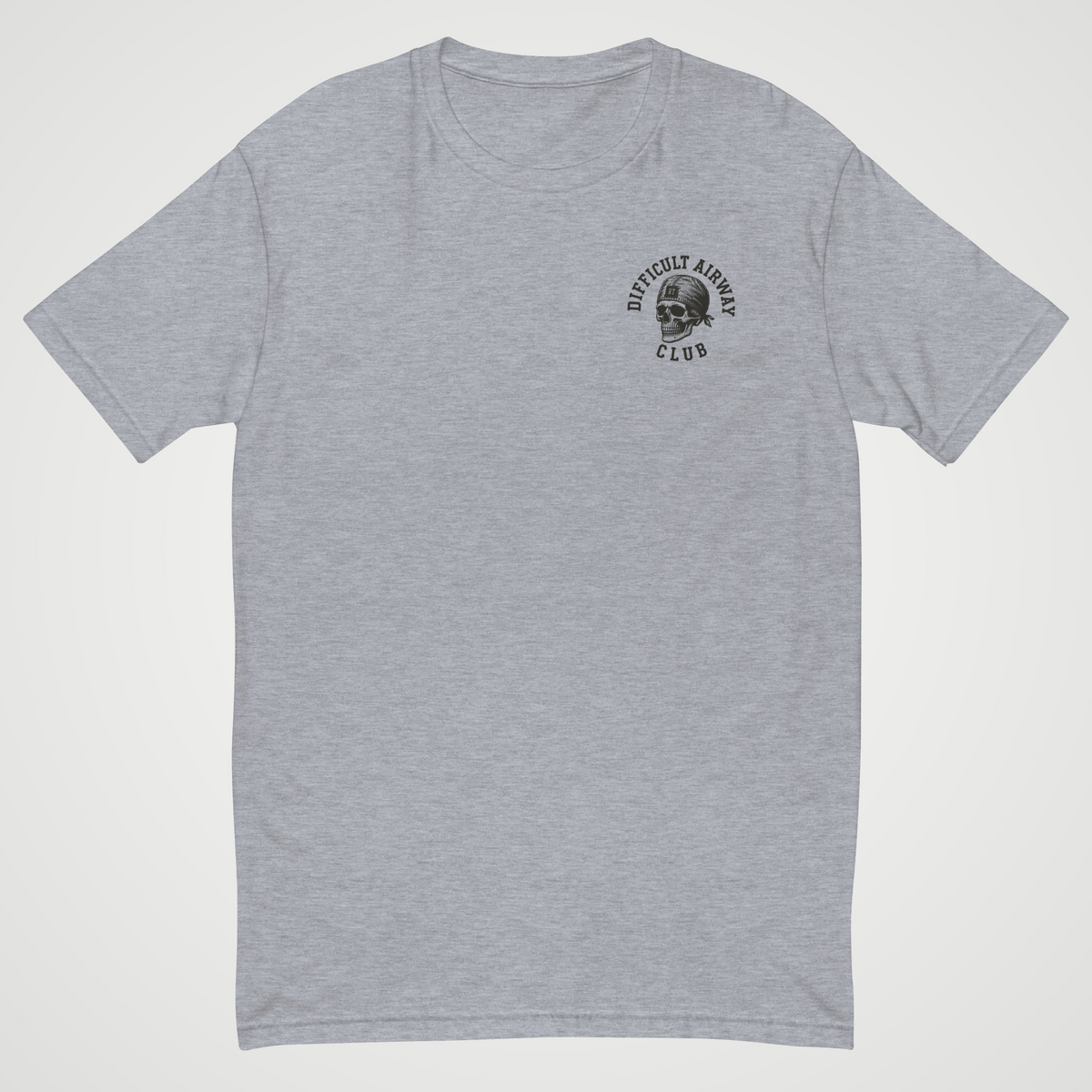 DIFFICULT AIRWAY CLUB TEE front with visible RT skull crest on neutral gray studio background
