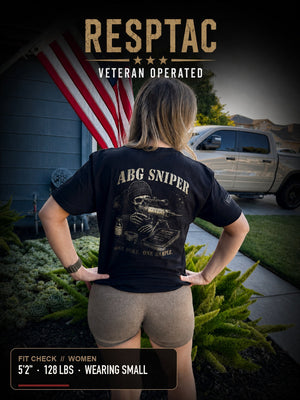 RESPTAC ABG SNIPER tee women's fit: model is 5 foot 2, 128 lbs, wearing size Small