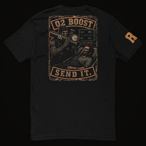 RESPTAC O2 BOOST respiratory therapist t-shirt — black tee, back print with skull RT and O2 tank, SEND IT