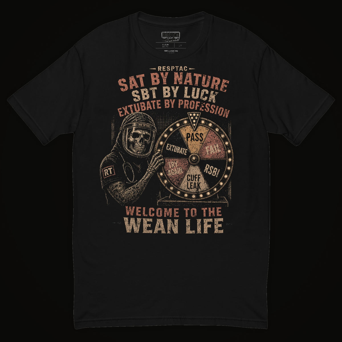 RESPTAC WEAN LIFE respiratory therapist t-shirt — black tee, wheel-of-weaning print, SAT SBT extubate
