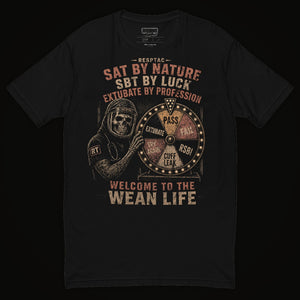 RESPTAC WEAN LIFE respiratory therapist t-shirt — black tee, wheel-of-weaning print, SAT SBT extubate